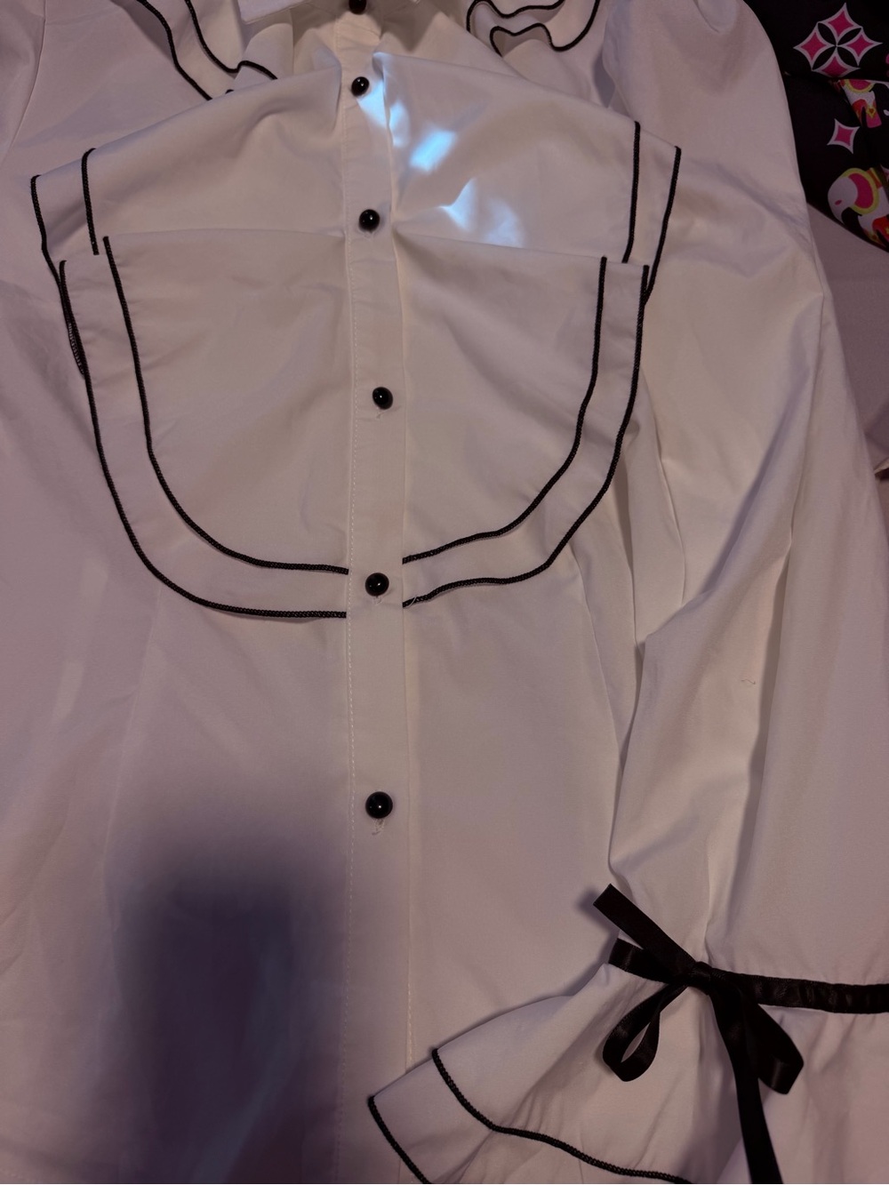 SHEIN White Ruffle Button-Down Blouse with Black Trim - Picture 9 of 11